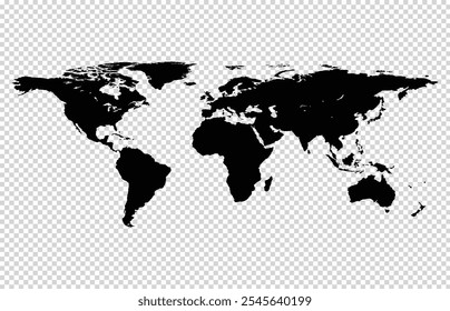 World map black isolated on transparent background. Flat earth map template for website layouts, background, education, annual report, infographics, travel worldwide, earth geography, political
