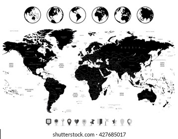 World Map black isolated on white. Vector illustration.