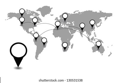 World Map With Black Location Pointers Vector