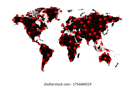 World map black with red network and dots vector background