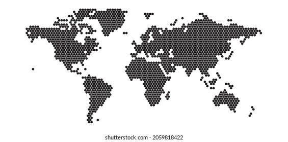 Mapa mundial. Signo negro aislado en fondo blanco. Concepto de hexágono. Ilustración de diseño de vectores.