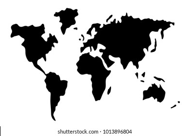 World map. Black silhouette, flat. Sketch hand drawn. Isolated on white background