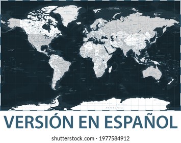 World Map Black - Spanish Language Version - Vector Detailed Illustration