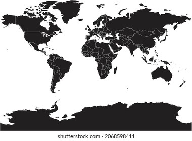 Mapa del mundo negro, fondo blanco aislado