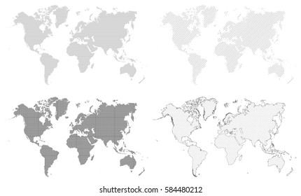 World map as black and white graphic background. Four simple versions. Vector illustration.