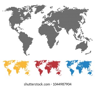 World map black yellow red blue color. Saddle or pixel structure. Globe icon. Flat vector illustration in black on white background