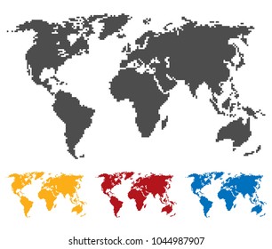 World map black yellow red blue color. Saddle or pixel structure. Globe icon. Flat vector illustration in black on white background