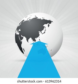 world map and blue arrow