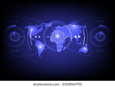 Radar HUD, radar de círculo futurista de fondo azul del mapa mundial. Buscar tecnología. Realidad aumentada. Inteligencia artificial. 