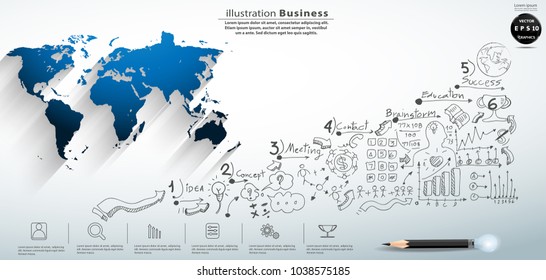 World map blue - Background Plan Business with Pencil and icon - modern Idea and Concept Vector illustration Business Infographic template.