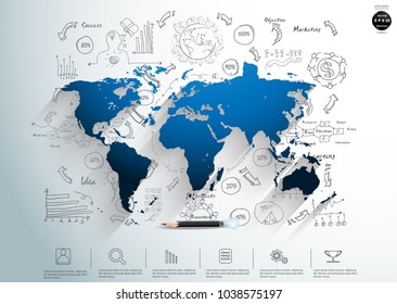World map blue - Background Plan Business with Pencil and icon - modern Idea and Concept Vector illustration Business Infographic template.