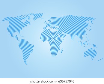 World map of blue concentric rings on white background. Worldwide communication radio waves concept Modern design vector wallpaper.