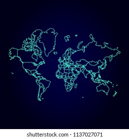 world map: blue glitter outline with sparkling stars on dark background. Detailed map of world. Vector illustration.