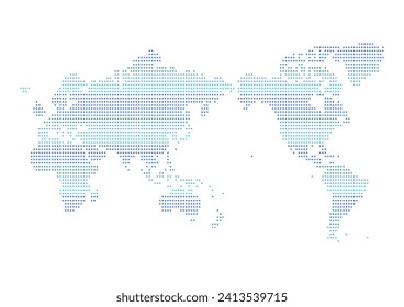 Mapa mundial. Patrón de puntos de degradado azul en fondo blanco. Ilustración vectorial. Diseño sencillo.
