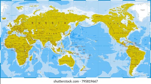 World Map Blue Green Detailed - Asia in Center - vector