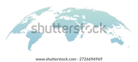 World map with blue and green gradient halftone dots. A global world map created from a blue and green gradient halftone dot pattern, forming a clean and modern geographic silhouette.