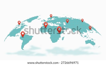 World map with blue and green gradient halftone dots. A global world map created from a blue and green gradient halftone dot pattern, forming a clean and modern geographic silhouette.