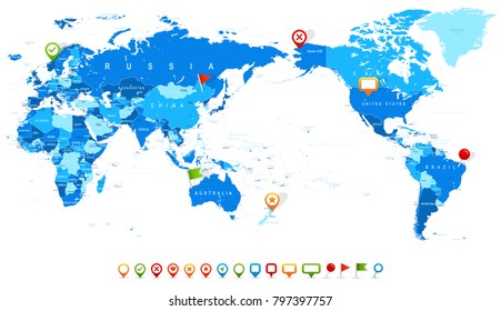 World Map Blue and Icons - Asia in Center - vector