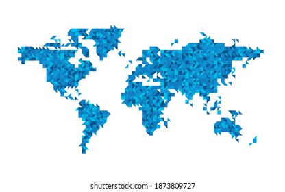 World map blue mosaic of small traingles. Vector illustration.