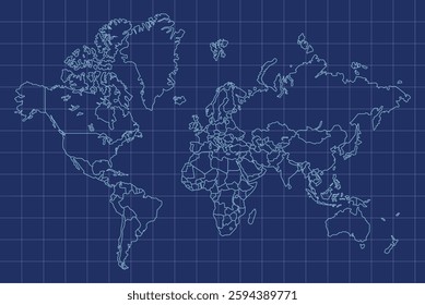 World Map Blue Outline Grid Style Vector Illustration