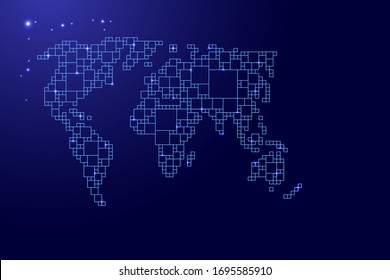 World map map from blue pattern from a grid of squares of different sizes and glowing space stars. Vector illustration.