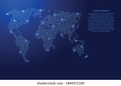 World map from blue pattern of the maze grid and glowing space stars grid. Vector illustration.