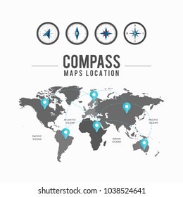 World map with blue pointers location, route design and flat compass collection for website, application interface, or markers on maps. Vector illustration.