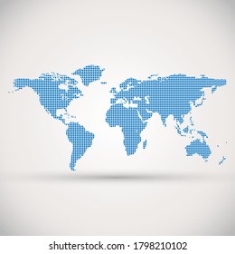 World map with blue squares on white background
