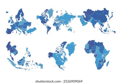 Mapa mundial. Mapa de tonos azules. Continentes del mundo sobre fondo blanco.