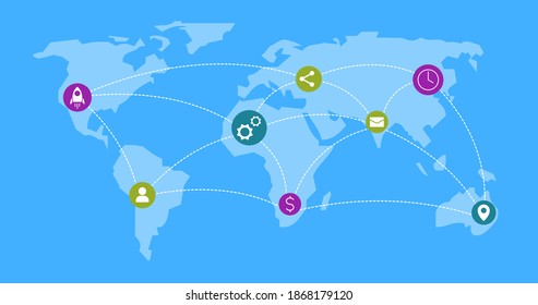 world map blue vector illustration with white pointers all over connected by a dotted line, on all continents