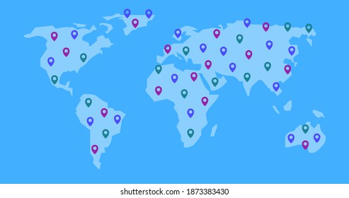 world map blue vector illustration with color pointers all over, on all continents