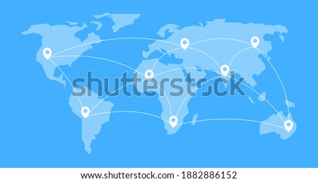 world map blue vector illustration with white pointers all over connected by a dotted line, on all continents