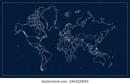 World Map with Blueprint Tech Style Background.