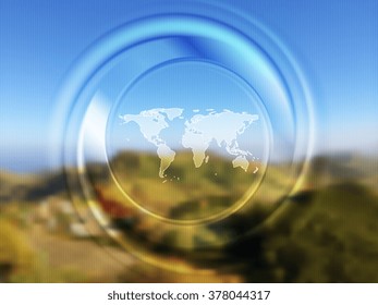 World map and blurred circle on landscape background. Vector graphic design