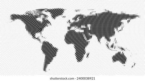 World map blurred rotation halftone. Made for world news and articles. Black circles on white background. Vector illustration.
