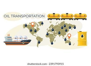 A world map with a boat, train, and barrels of oil, representing global oil transportation.