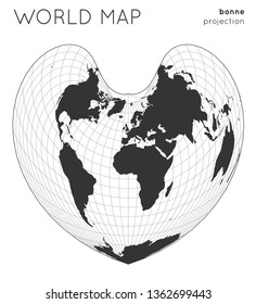World map in Bonne projection with graticule lines, modern vector design.