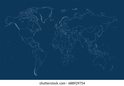 World map with borders blue color, outline, vector