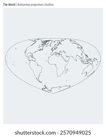 World Map. Bottomley projection. Outline style. High Detail World map for infographics, education, reports, presentations. Vector illustration.