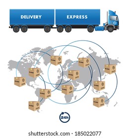 World map with boxes for international shipment. Vector illustration