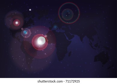  World map and bright stars. Cosmos background. Vector illustration
