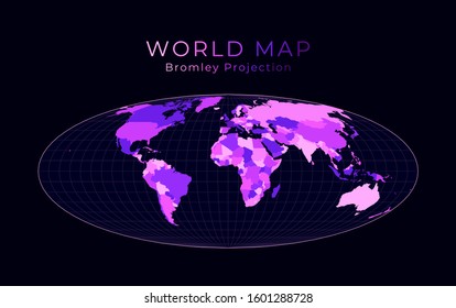 World Map. Bromley projection. Digital world illustration. Bright pink neon colors on dark background. Elegant vector illustration.