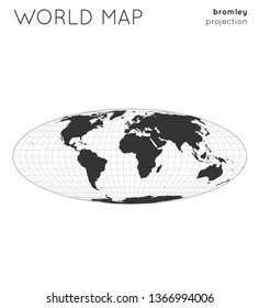 World map in Bromley projection with graticule lines style. Modern vector illustration.