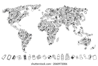 The world map is built from garbage. illustration on the topic of ecology and environmental conservation. Trash and non-recycled continents. Vector background.
