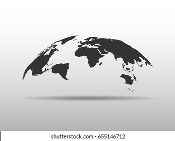 World map bulging in a shape of globe. Abstract design 3D map with dropped shadow.