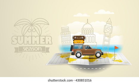 Mapa mundial con el autobús. Concepto de vacaciones. Temporada de verano
