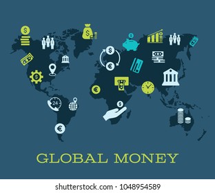 World map with business icons. Worldwide business, web and network icons. Illustration template for web design, annual reports, infographics, business presentations, printed material.