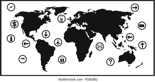 world map with business icons.traced map: http://www.lib.utexas.edu/maps/world_maps/world_pol02.jpg copyright state.: http://www.lib.utexas.edu/maps/faq.html#3.html