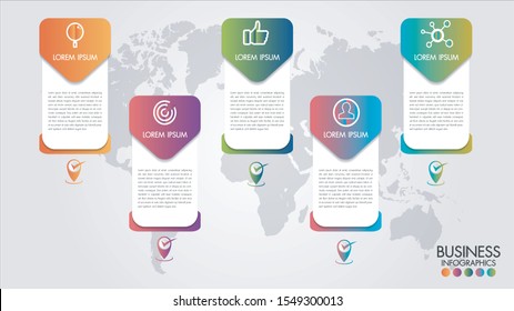World map business infographics 5 step options vector illustration and design template with pointer marks. 