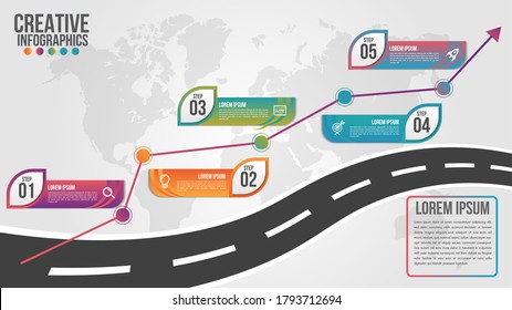 World map business infographics 5 step options vector illustration and design template with road timeline.Can be used for communication connect, workflow layout, banner, diagram, number, web design.